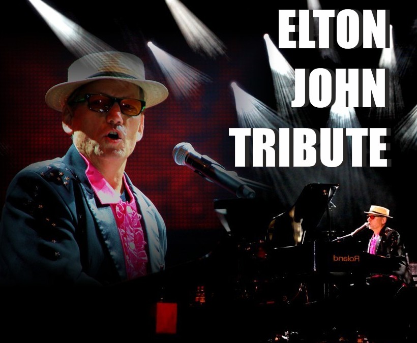 Das Elton John Double sitzt vor einem Klavier und trägt einen Hut, eine Sonnenbrille und einen pink schwarzen Anzug.